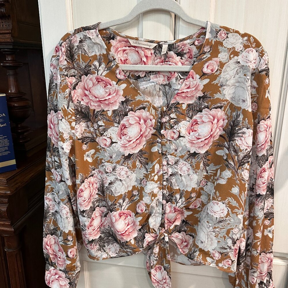 Soft Surroundings Lupita Floral Blouse Sz L Long Sleeve Button Front Tie Top